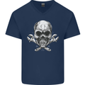 Spanner Skull Mechanic Biker Mens V-Neck Cotton T-Shirt Navy Blue