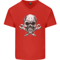Spanner Skull Mechanic Biker Mens V-Neck Cotton T-Shirt Red