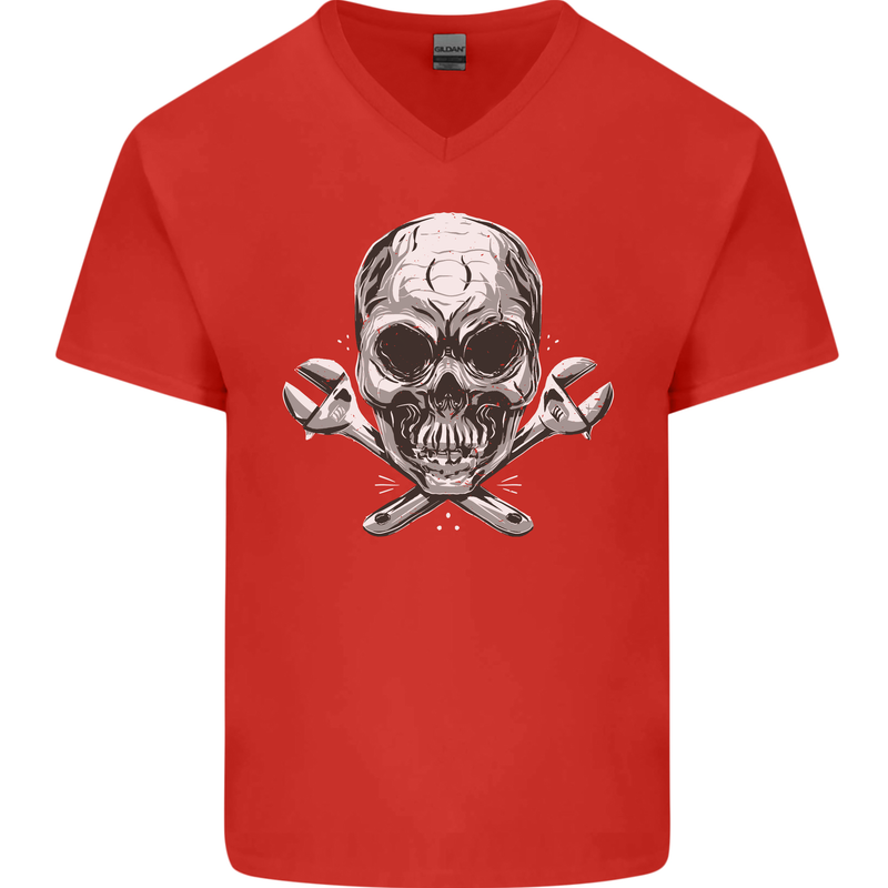 Spanner Skull Mechanic Biker Mens V-Neck Cotton T-Shirt Red