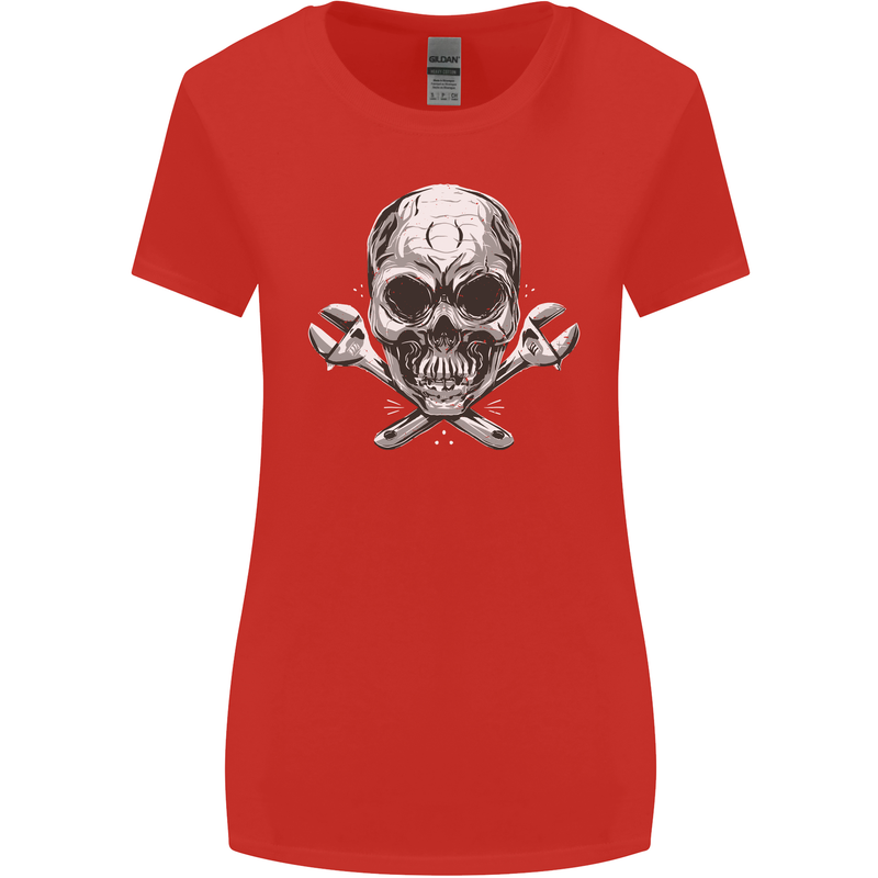 Spanner Skull Mechanic Biker Womens Wider Cut T-Shirt Red