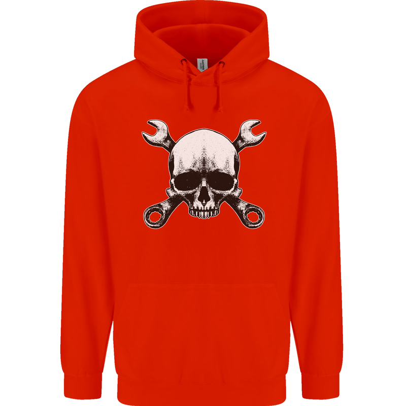 Spanner Skull Mechanic Car Biker Motorbike Childrens Kids Hoodie Bright Red