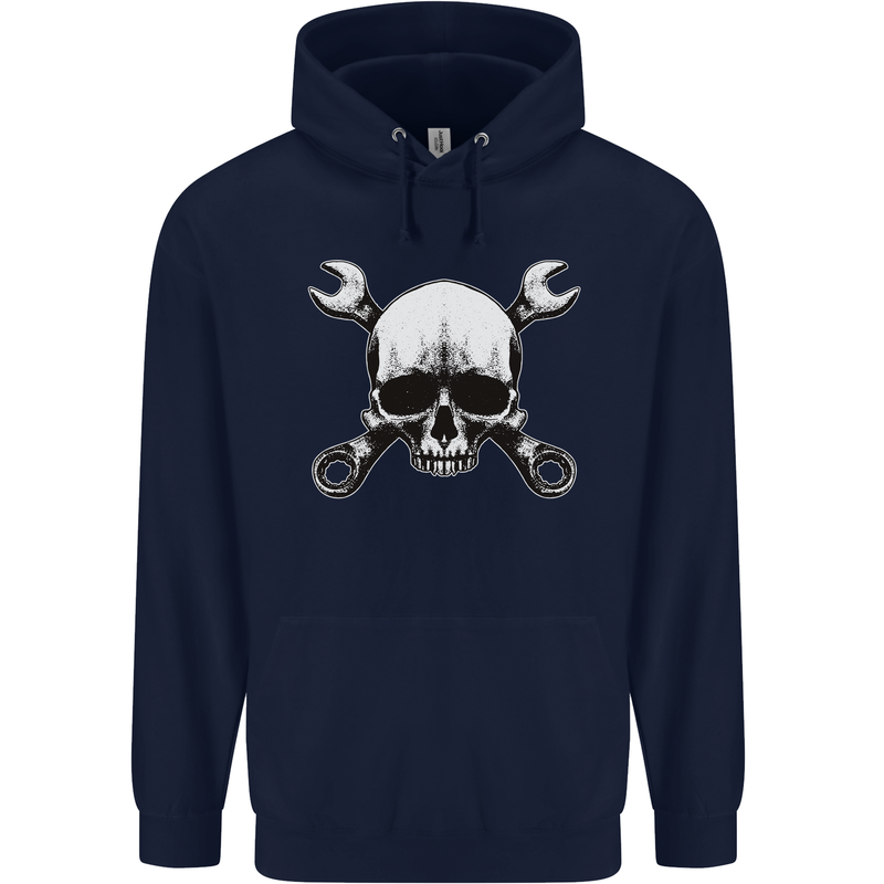 Spanner Skull Mechanic Car Biker Motorbike Childrens Kids Hoodie Navy Blue