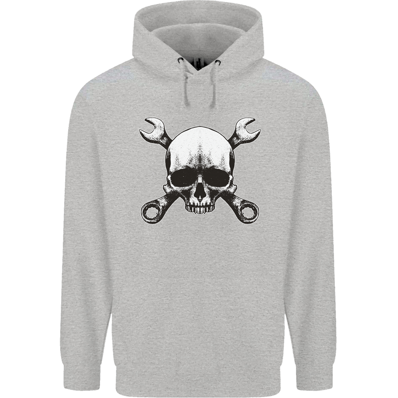 Spanner Skull Mechanic Car Biker Motorbike Childrens Kids Hoodie Sports Grey