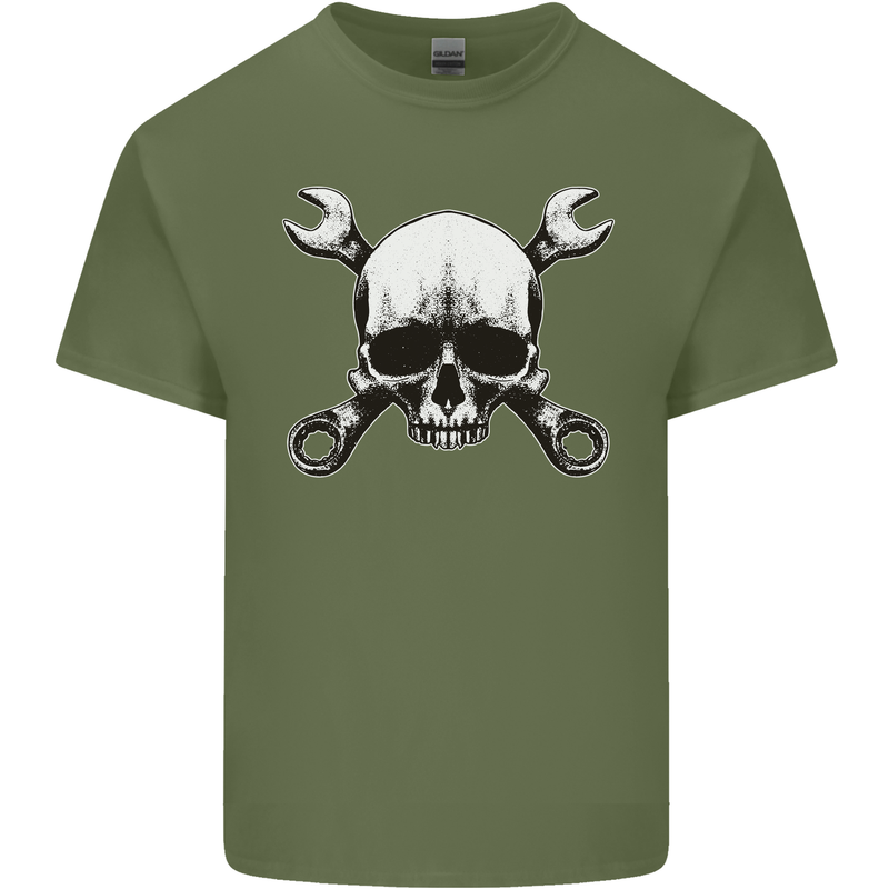 Spanner Skull Mechanic Car Biker Motorbike Mens Cotton T-Shirt Tee Top Military Green