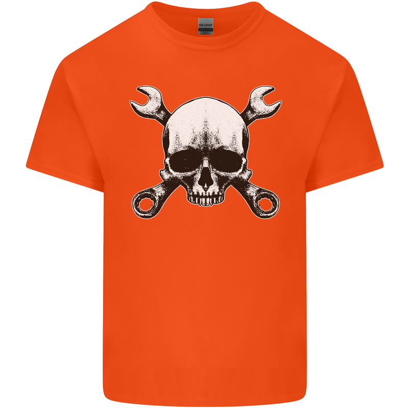 Spanner Skull Mechanic Car Biker Motorbike Mens Cotton T-Shirt Tee Top Orange