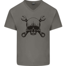 Spanner Skull Mechanic Car Biker Motorcycle Mens V-Neck Cotton T-Shirt Charcoal