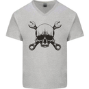 Spanner Skull Mechanic Car Biker Motorcycle Mens V-Neck Cotton T-Shirt Sports Grey