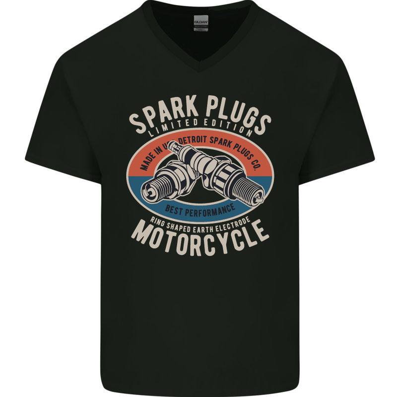 Spark Plugs Motorcycle Motorbie Biker Mens V-Neck Cotton T-Shirt Black