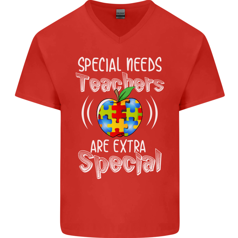 Special Needs Teachers Autism Autistic ASD Mens V-Neck Cotton T-Shirt Red
