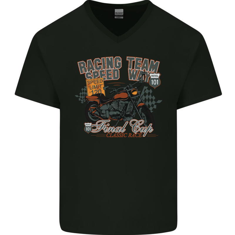 Speed Way Motorcycle Motorbike Biker Mens V-Neck Cotton T-Shirt Black