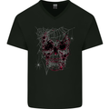 Spider Web Skull Mens V-Neck Cotton T-Shirt Black