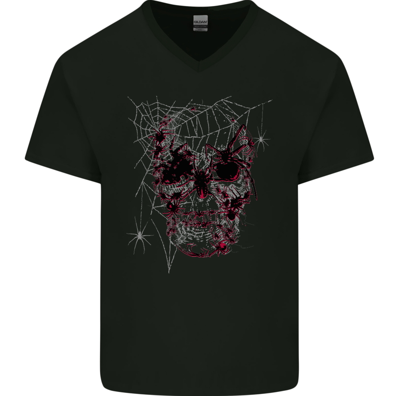 Spider Web Skull Mens V-Neck Cotton T-Shirt Black