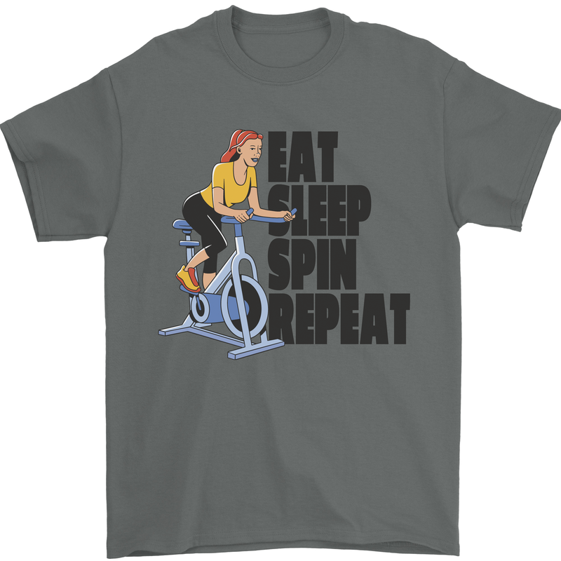 Spinning Eat Sleep Spin Repeat Cycling Mens T-Shirt Cotton Gildan Charcoal