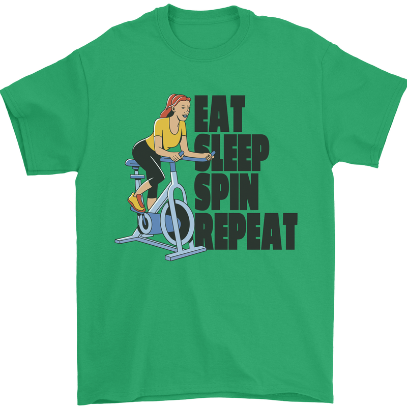 Spinning Eat Sleep Spin Repeat Cycling Mens T-Shirt Cotton Gildan Irish Green
