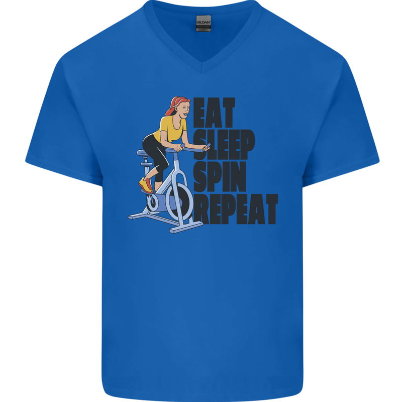 Spinning Eat Sleep Spin Repeat Cycling Mens V-Neck Cotton T-Shirt Royal Blue