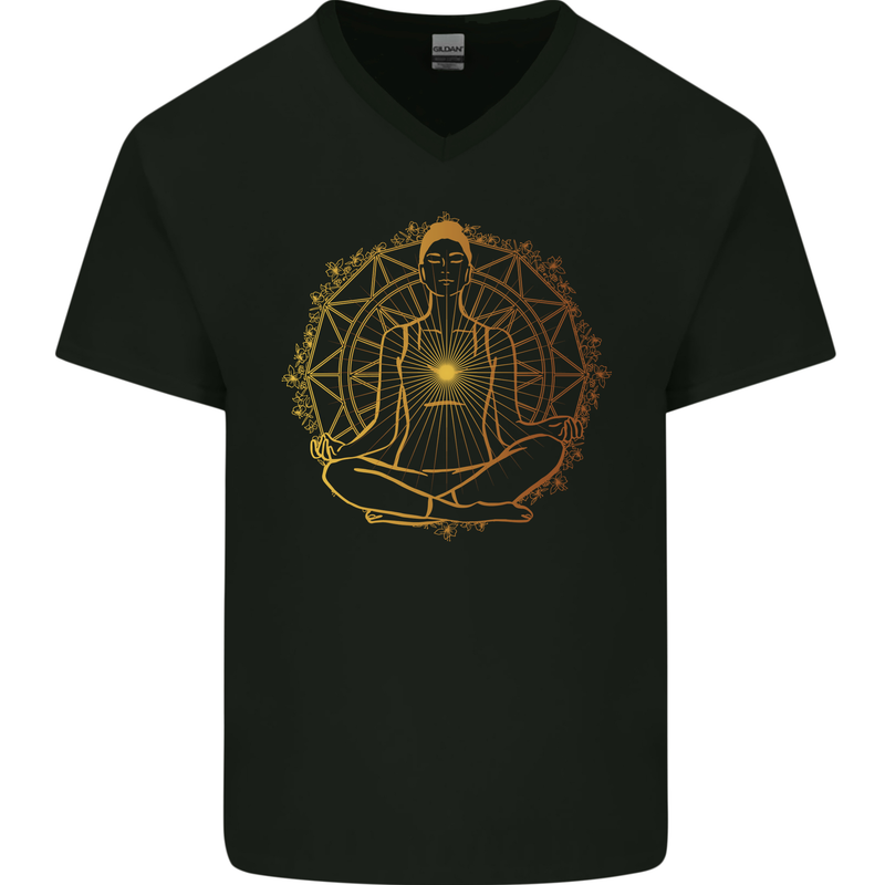 Spiritual Yoga Meditation Peace Mens V-Neck Cotton T-Shirt Black