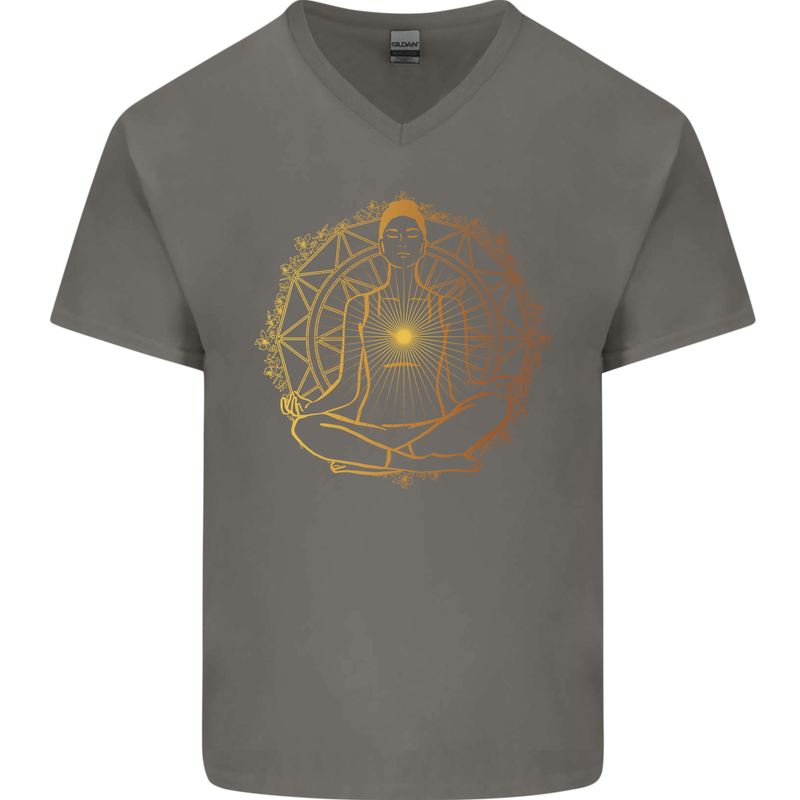 Spiritual Yoga Meditation Peace Mens V-Neck Cotton T-Shirt Charcoal