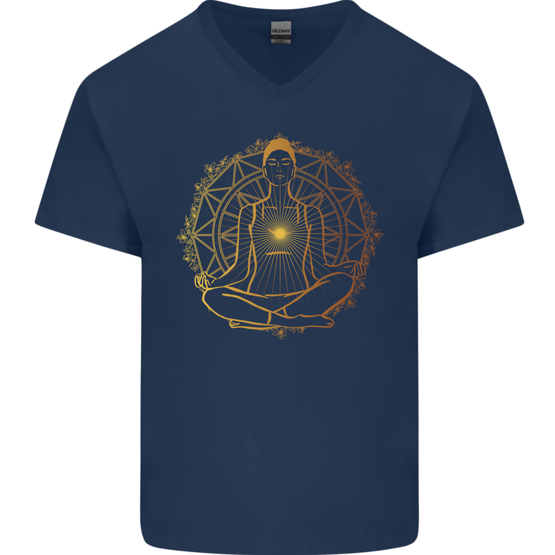 Spiritual Yoga Meditation Peace Mens V-Neck Cotton T-Shirt Navy Blue