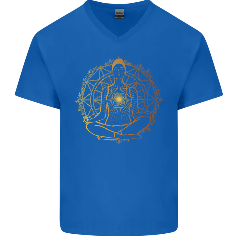 Spiritual Yoga Meditation Peace Mens V-Neck Cotton T-Shirt Royal Blue