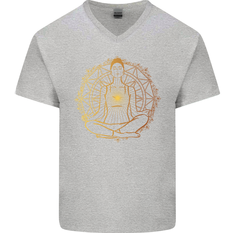 Spiritual Yoga Meditation Peace Mens V-Neck Cotton T-Shirt Sports Grey