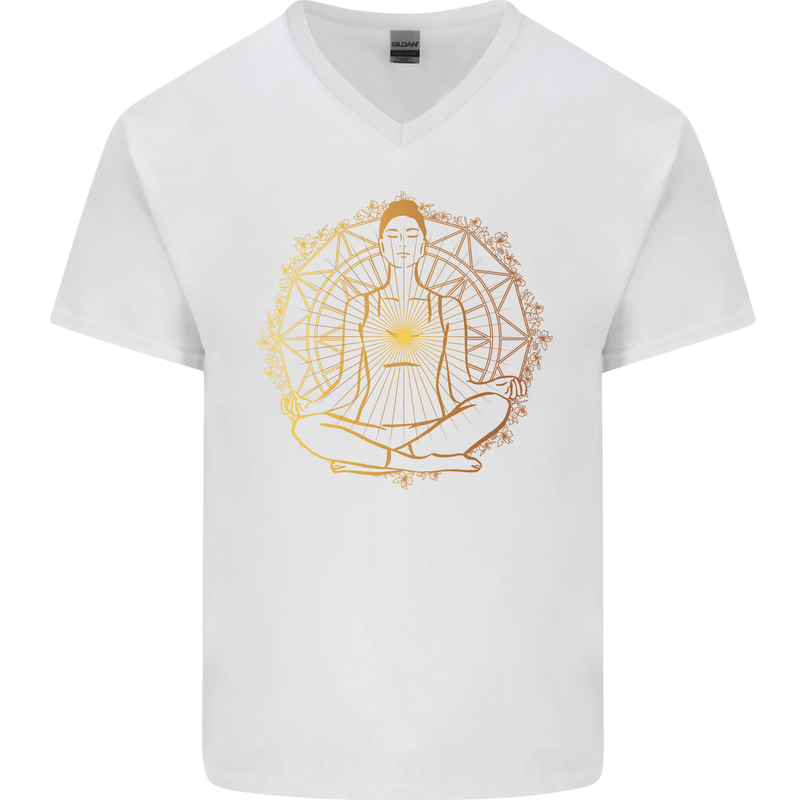 Spiritual Yoga Meditation Peace Mens V-Neck Cotton T-Shirt White