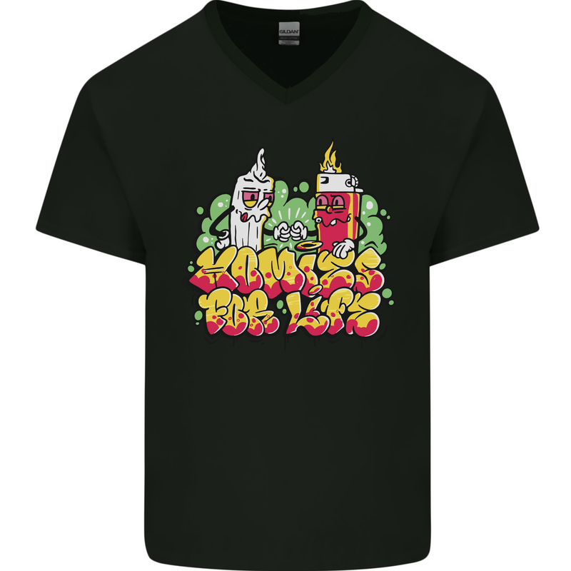 Spliff & Lighter Homies Funny Weed Cannabis Mens V-Neck Cotton T-Shirt Black