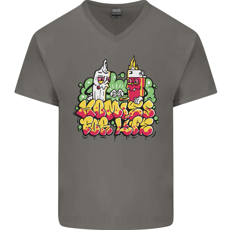 Spliff & Lighter Homies Funny Weed Cannabis Mens V-Neck Cotton T-Shirt Charcoal