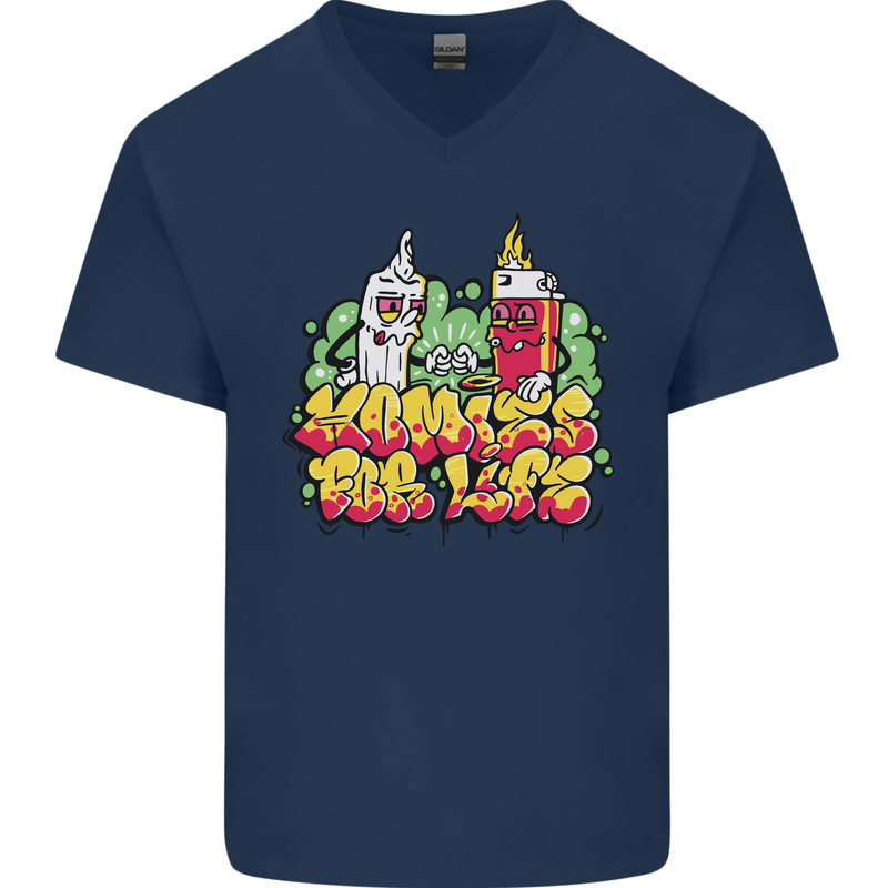Spliff & Lighter Homies Funny Weed Cannabis Mens V-Neck Cotton T-Shirt Navy Blue