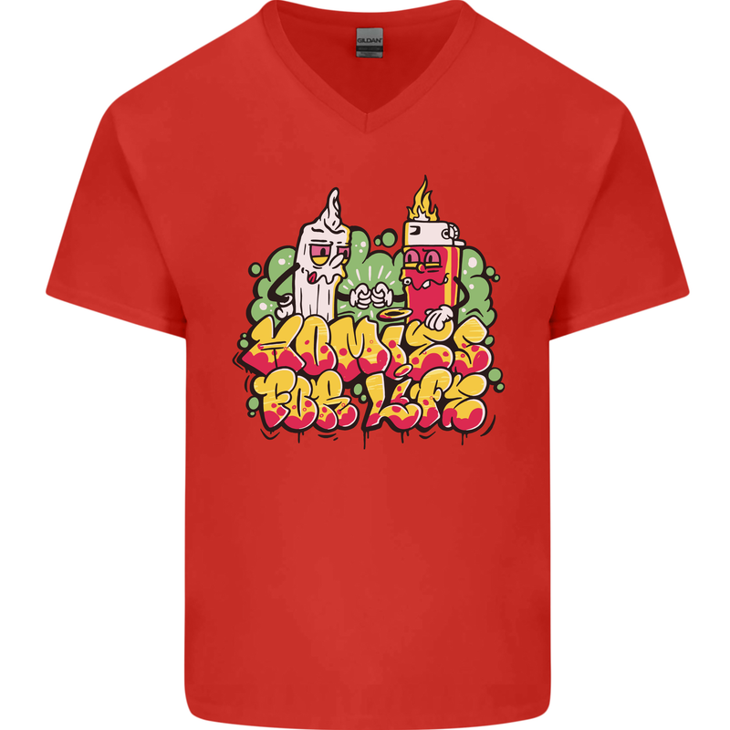 Spliff & Lighter Homies Funny Weed Cannabis Mens V-Neck Cotton T-Shirt Red