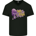 Spore Me the Details Funny Mushroom Mens V-Neck Cotton T-Shirt Black