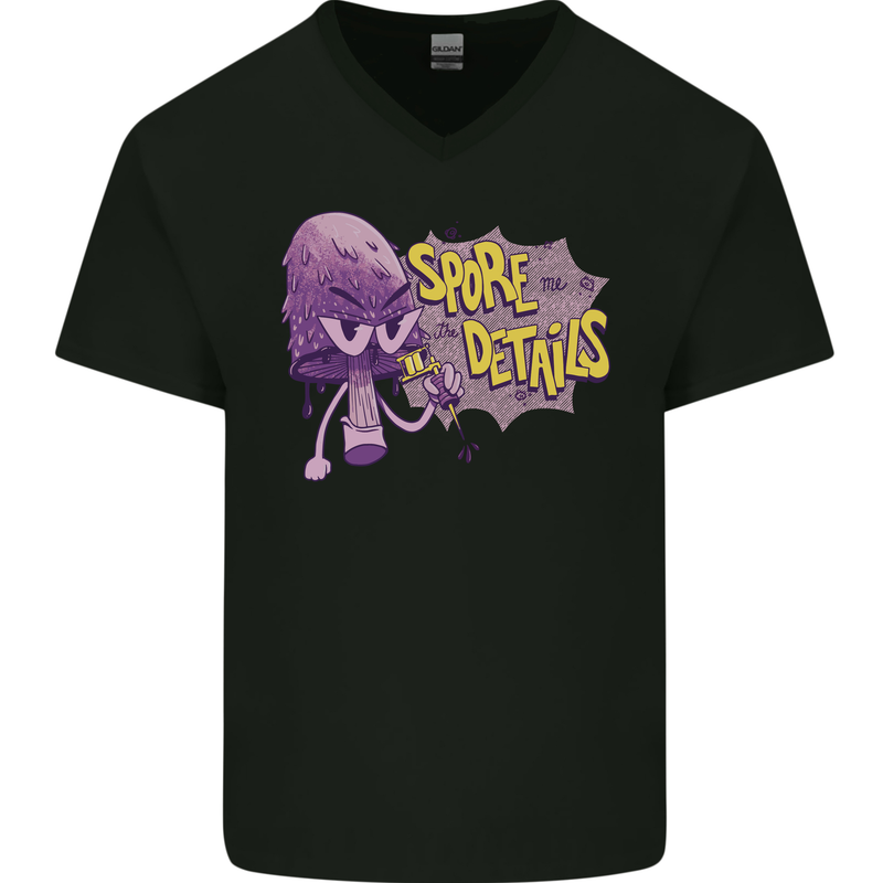 Spore Me the Details Funny Mushroom Mens V-Neck Cotton T-Shirt Black
