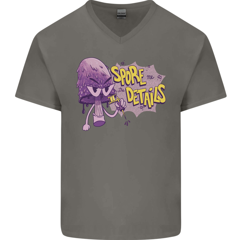 Spore Me the Details Funny Mushroom Mens V-Neck Cotton T-Shirt Charcoal