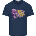 Spore Me the Details Funny Mushroom Mens V-Neck Cotton T-Shirt Navy Blue