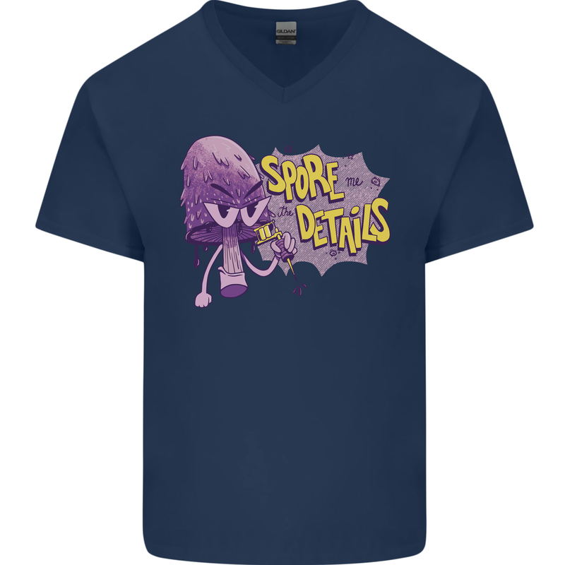 Spore Me the Details Funny Mushroom Mens V-Neck Cotton T-Shirt Navy Blue