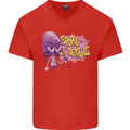 Spore Me the Details Funny Mushroom Mens V-Neck Cotton T-Shirt Red