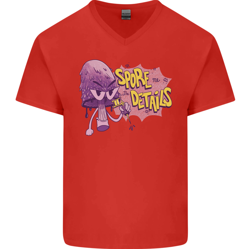 Spore Me the Details Funny Mushroom Mens V-Neck Cotton T-Shirt Red
