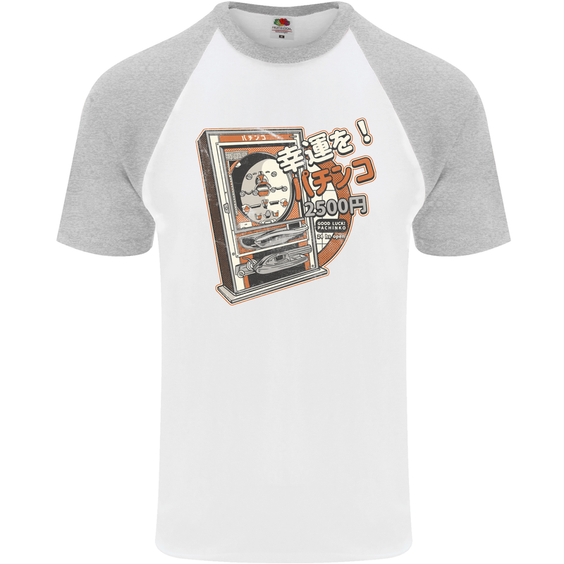Pachinko Machine Arcade Game Pinball Mens S/S Baseball T-Shirt White/Sports Grey