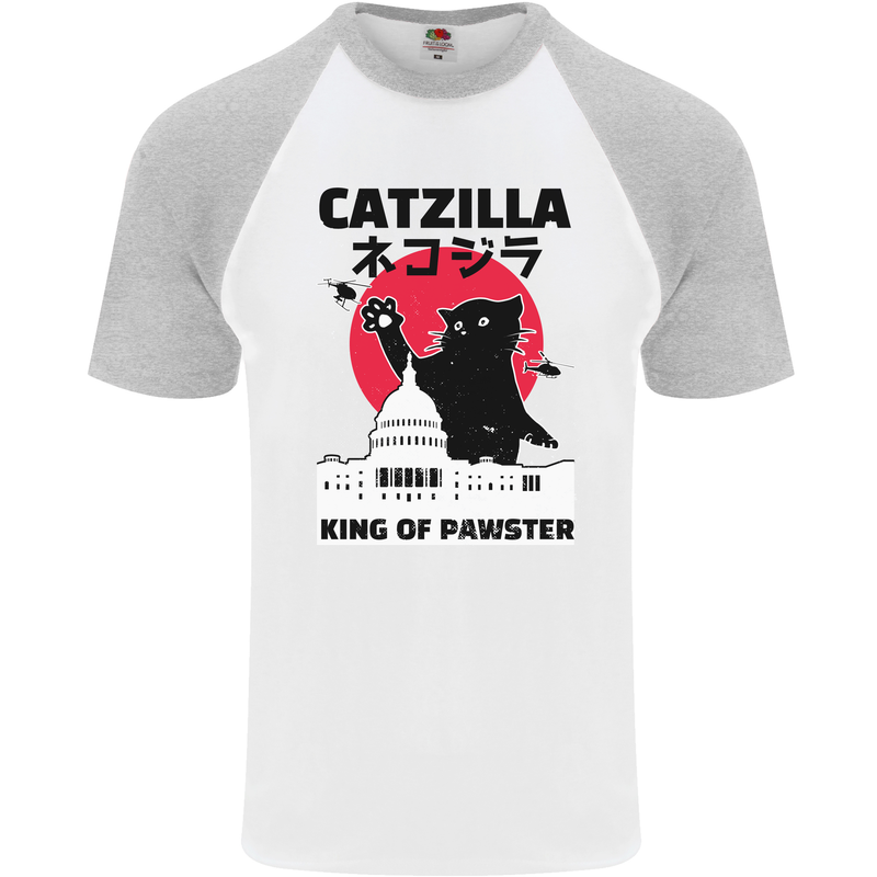 Catzilla Funny Cat Parody Mens S/S Baseball T-Shirt White/Sports Grey