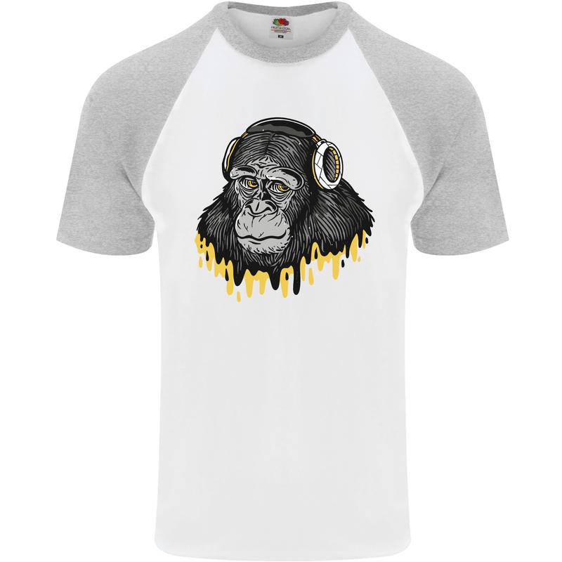 Monkey DJ Headphones Music Mens S/S Baseball T-Shirt White/Sports Grey