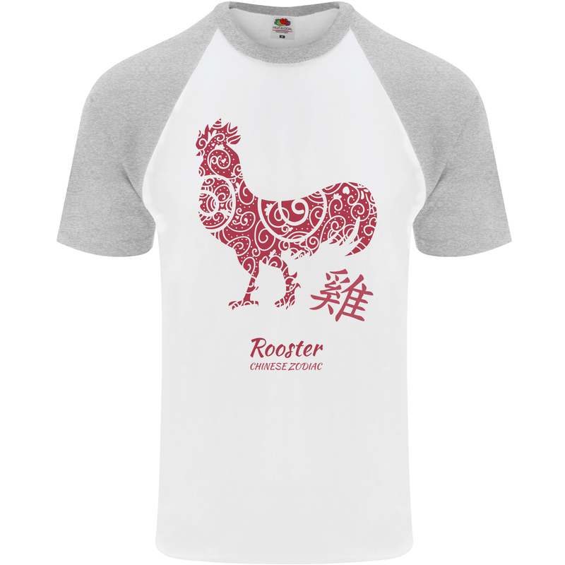 Chinese Zodiac Year of the Rooster Mens S/S Baseball T-Shirt White/Sports Grey