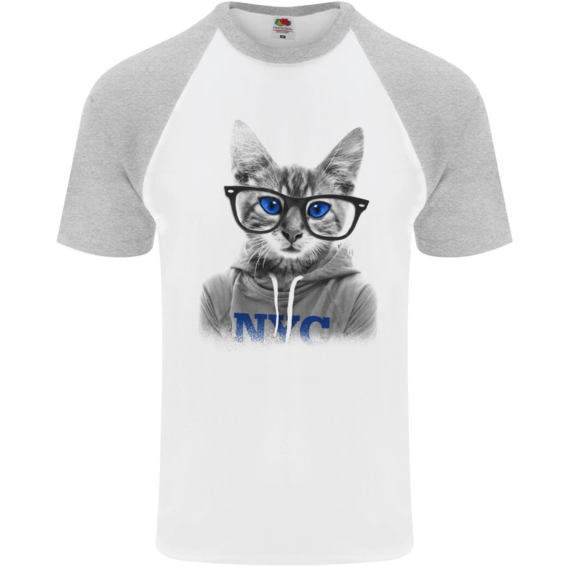 New York City Cat With Glasses Mens S/S Baseball T-Shirt White/Sports Grey
