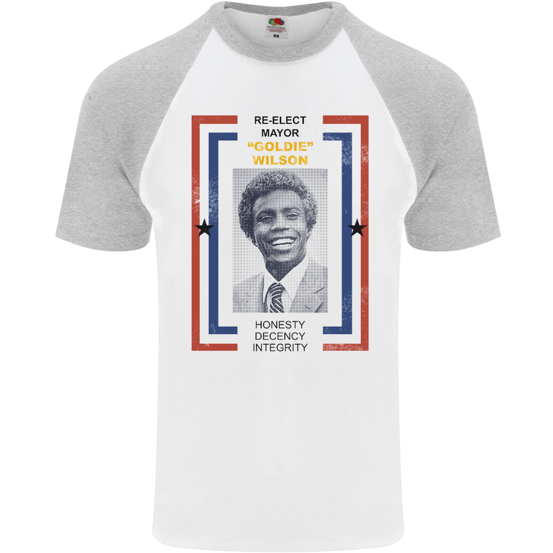 Re-Elect Mayor Goldie Wilson 80's Movie Mens S/S Baseball T-Shirt White/Sports Grey