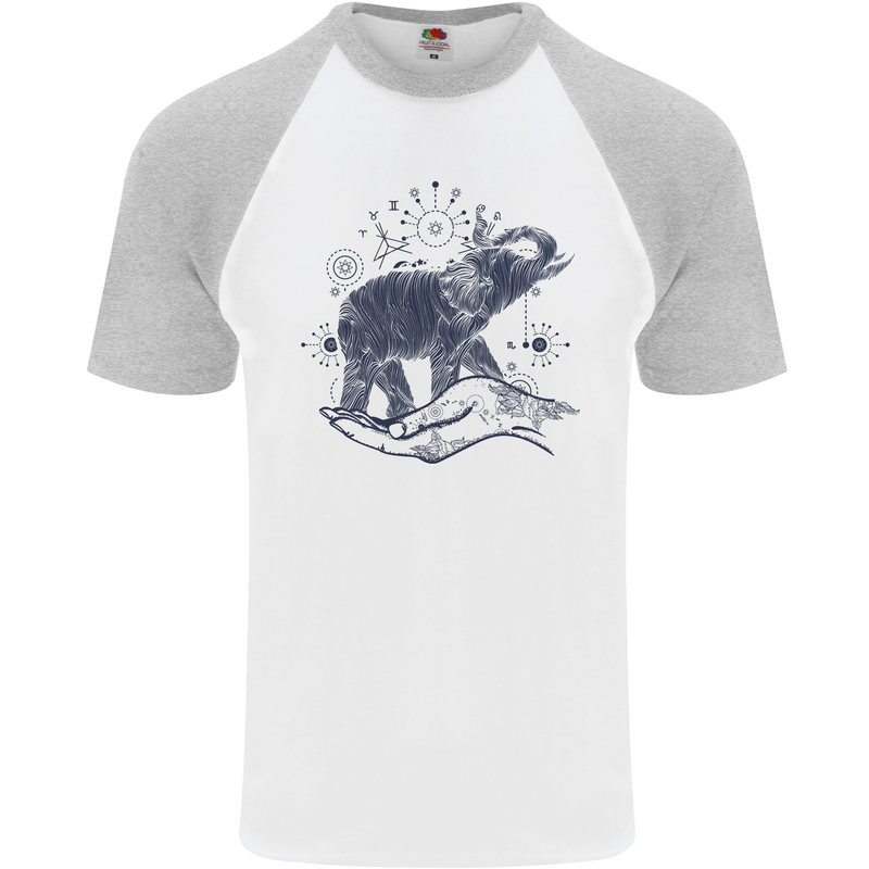 Sacral Style Elephant Meditation Tattoo Art Mens S/S Baseball T-Shirt White/Sports Grey