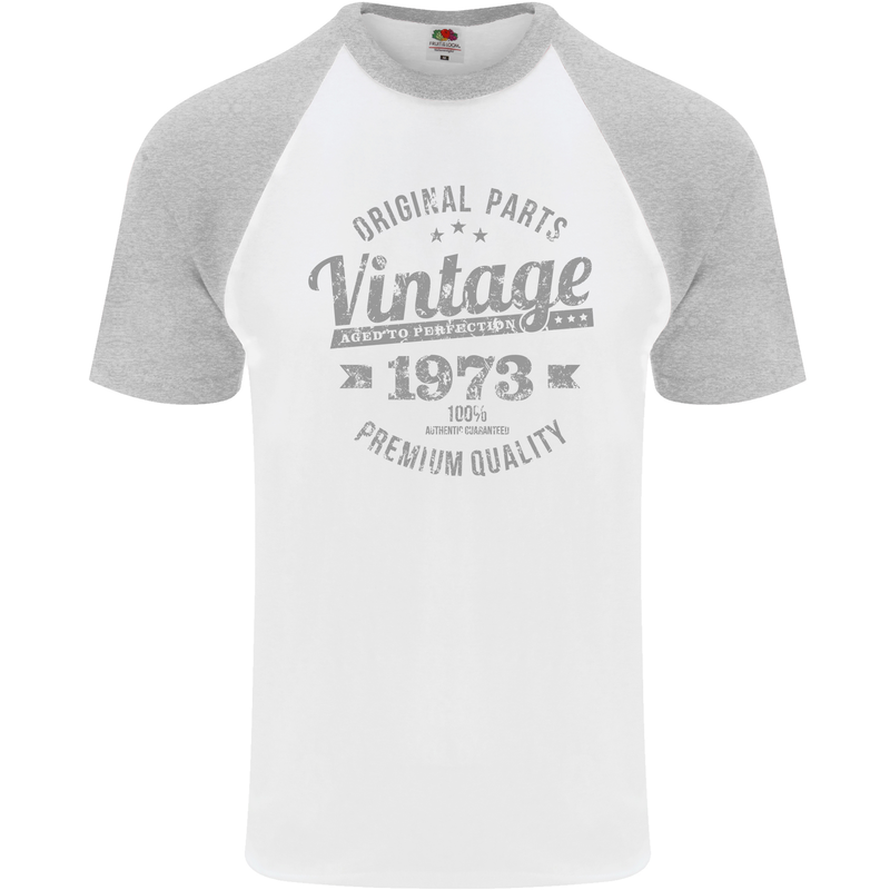 Vintage Year 50th Birthday 1973 Mens S/S Baseball T-Shirt White/Sports Grey