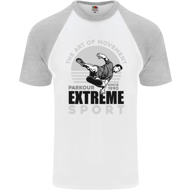 Parkour Free Running the Art of Movement Mens S/S Baseball T-Shirt White/Sports Grey