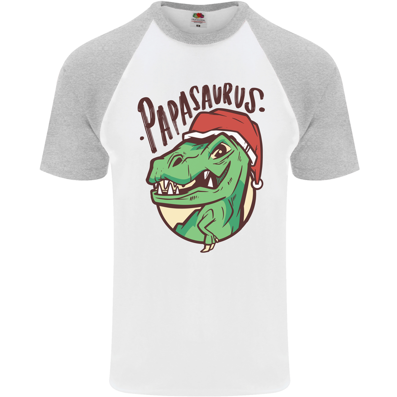 Christmas Papasaurus T-Rex Dinosaur Mens S/S Baseball T-Shirt White/Sports Grey