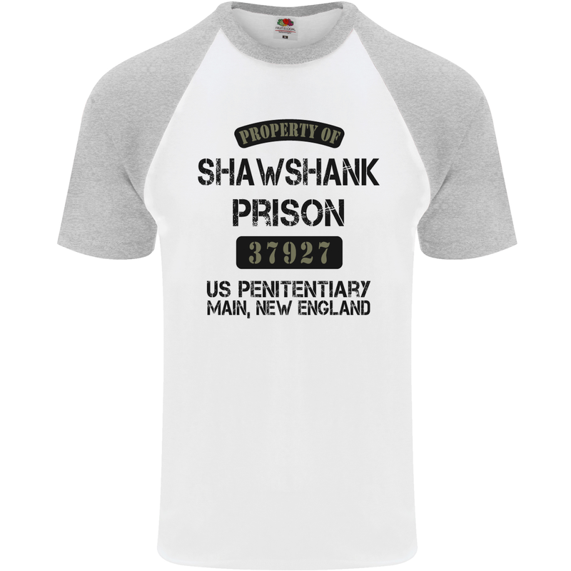 Property of Shawshank Prison Movie 90's Mens S/S Baseball T-Shirt White/Sports Grey