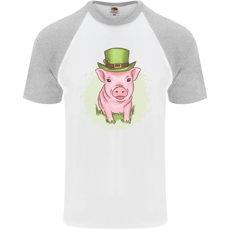 St Patricks Day Pig Mens S/S Baseball T-Shirt White/Sports Grey