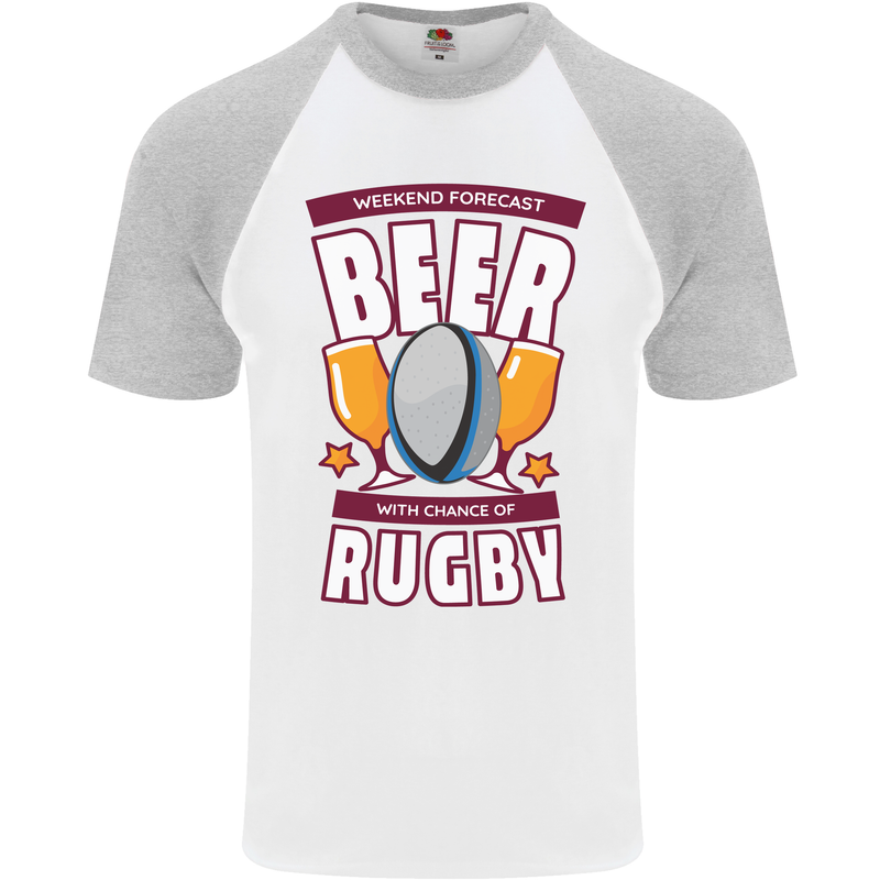 Weekend Forecast Beer Alcohol Rugby Funny Mens S/S Baseball T-Shirt White/Sports Grey