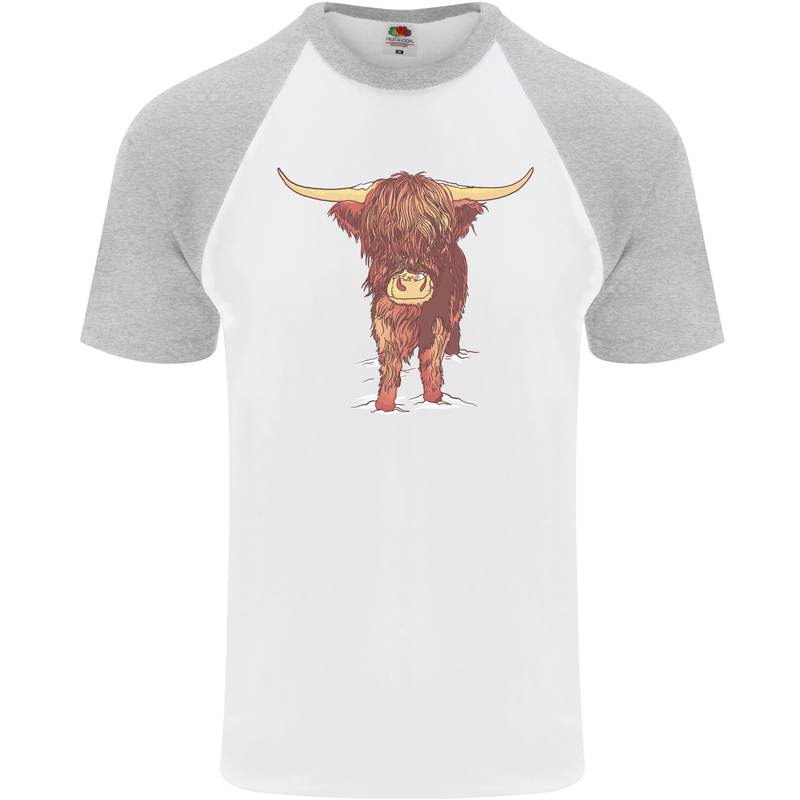 Highland Cattle Cow Scotland Scottish Mens S/S Baseball T-Shirt White/Sports Grey